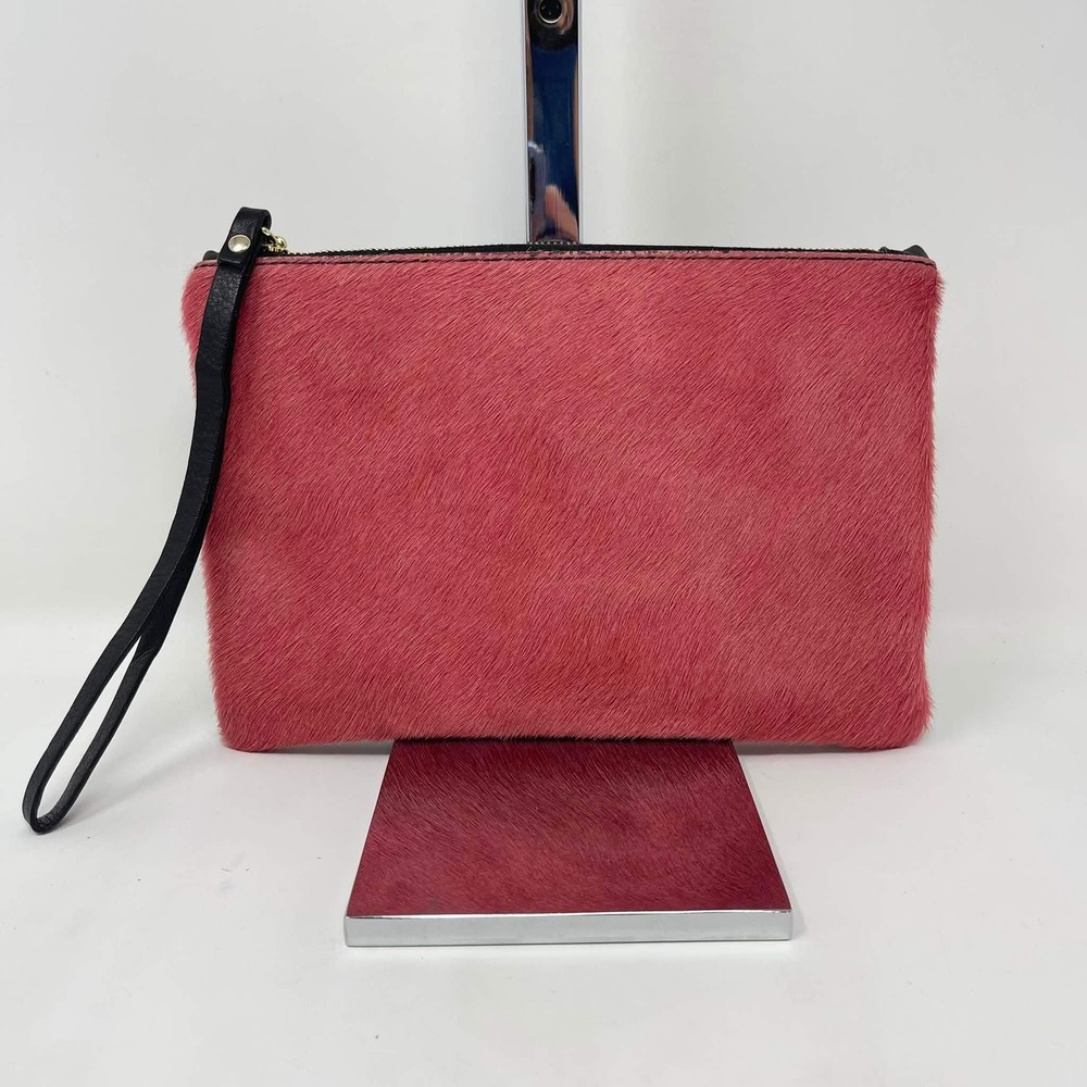 Calf Hair Clutch Pouch Rosewood Black Leather Wristlet Strap